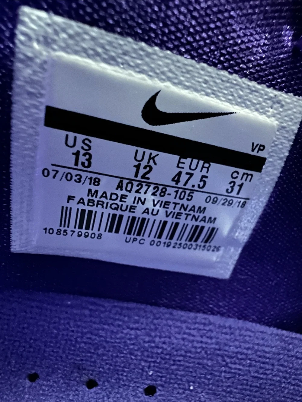 Nike Kobe 1 Proto White/Purple Men's Sz 13 (USED) (2018) AQ2728 105 No Box Lid